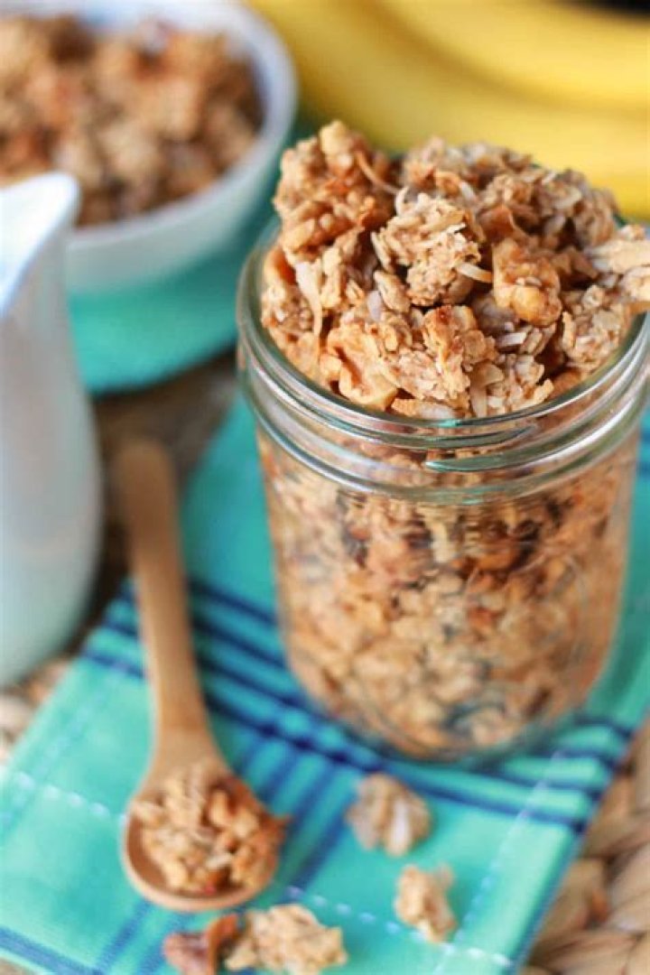 Banana granola in a glass jar.