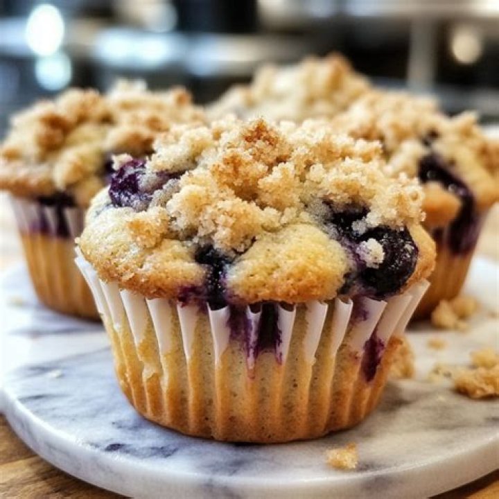 Blueberries and crumb topping on top of pancake batter in a white dish.