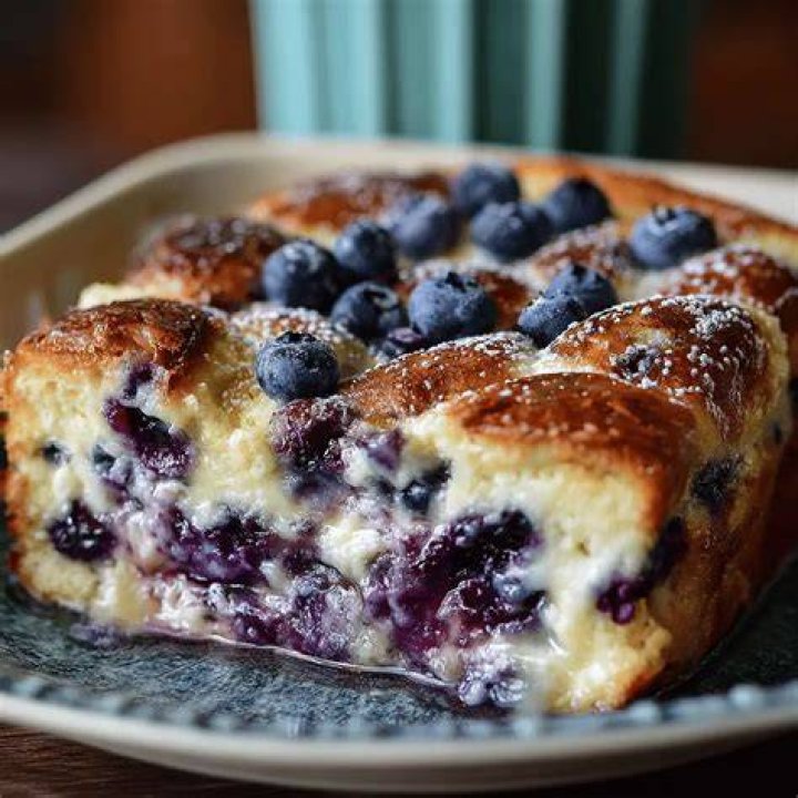 Blueberry Pancake Casserole in a white baking dish.