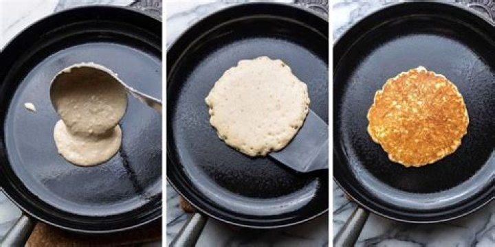 Collage of pancake batter in a white bowl.